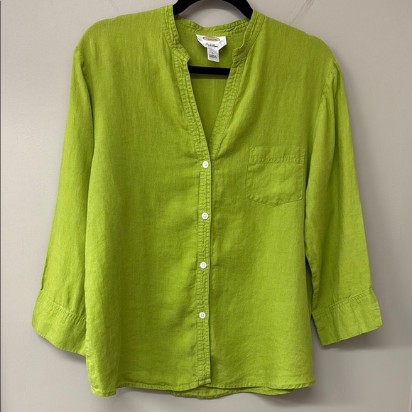Talbots Tops - Vintage Talbots Linen Mandarin Collar Button Down Blouse Shirt | Green Leaf | L